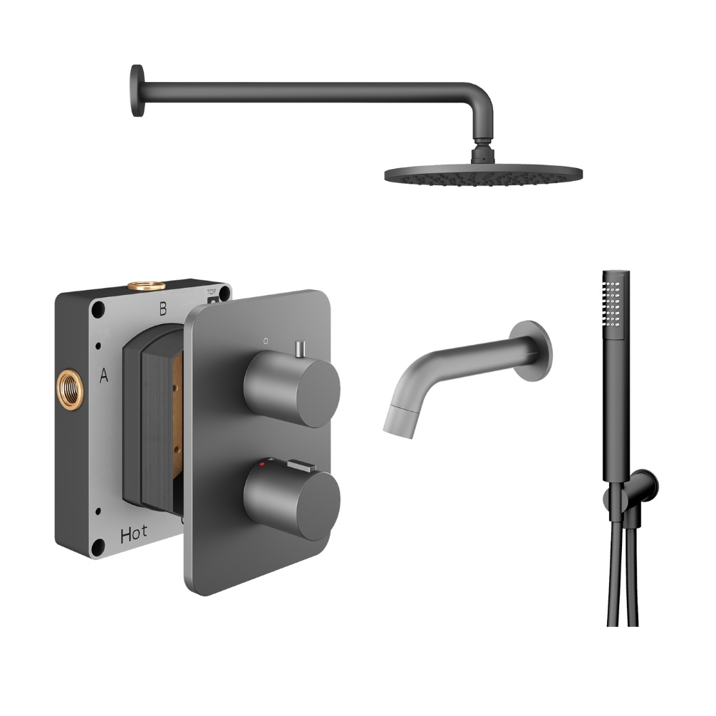Product Cut out image of the Abacus Iso Anthracite 3 Outlet Shower Pack with Bath Spout & Handset